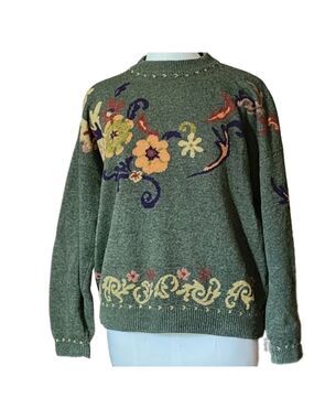 Vintage Esprit floral embroidered sweater pullover color military green …